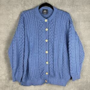 Aran Woollen Mills Sweater Womens 2X Blue Cable Knit Cardigan Fisherman Coastal